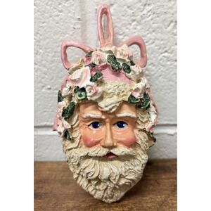 Vintage German Victorian-Shabby Sheek Santa Claus Head ornament Pink Resin